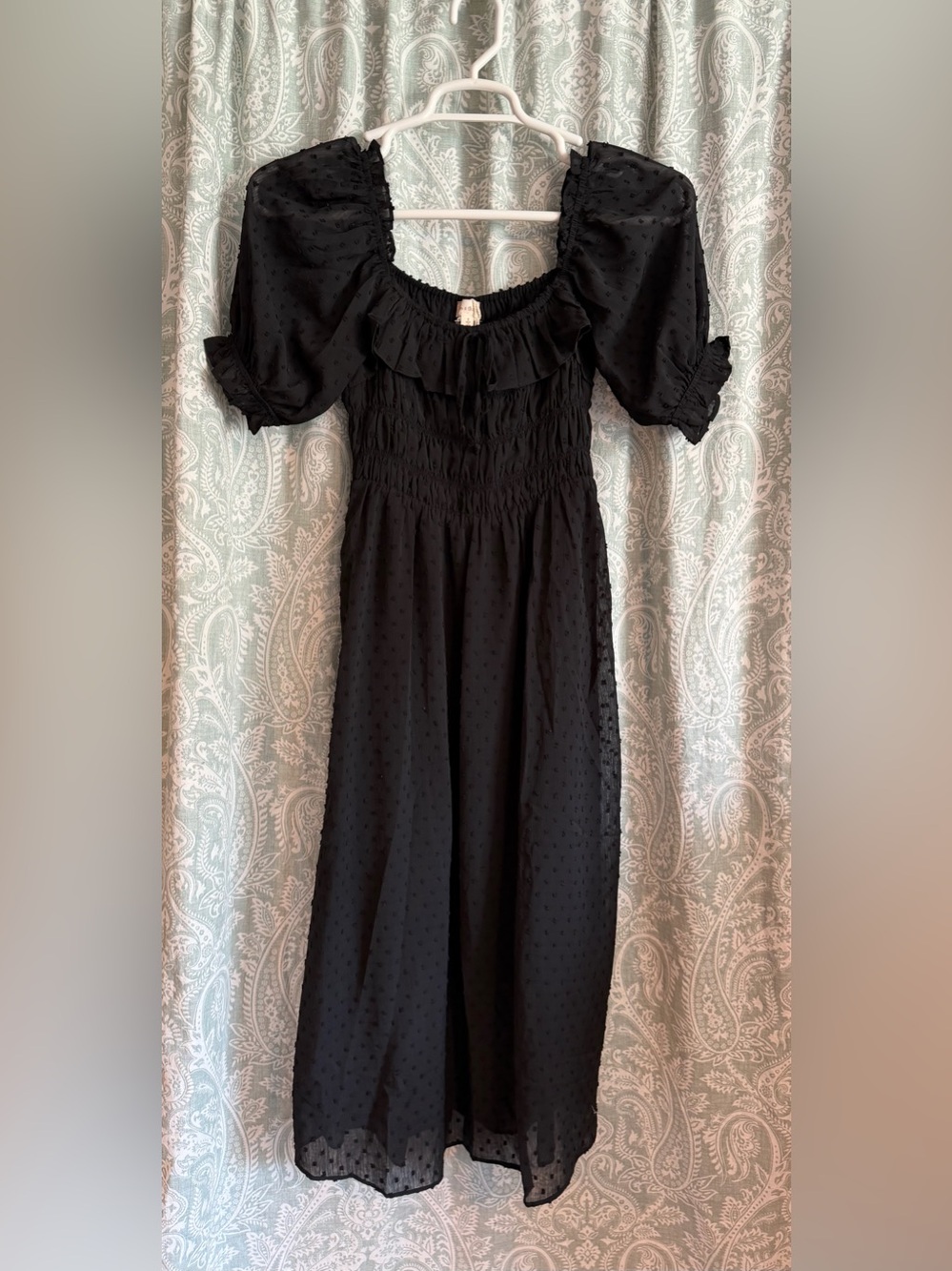 Hem & Thread Black Puff-Sleeve Swiss Dot Midi Dress